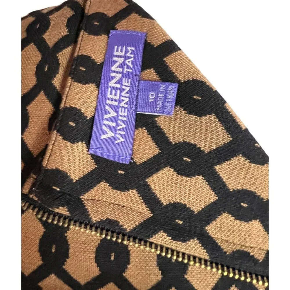 Vivienne Tam Geometric Print Black & Tan Dress With 3/4 Sleeves Size 10 Vintage - Picture 4 of 4